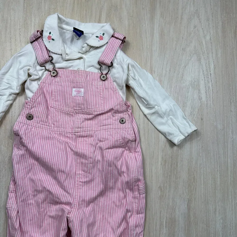 OshKosh Pink Hickory Stripe Overalls Floral Cottagecore Country Outfit Set 24M